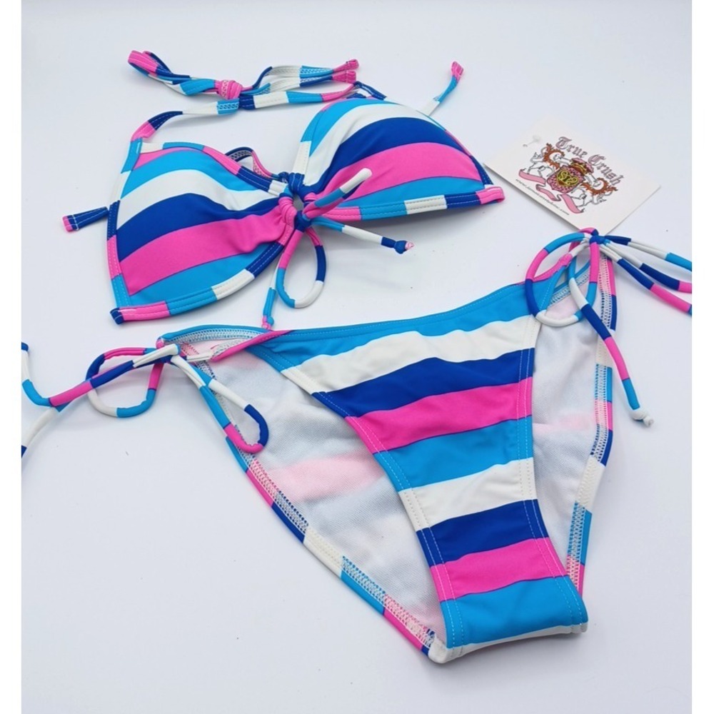 True Crush String Bikini SMALL Adjustable Top and Bottom Pink Blue White NWT